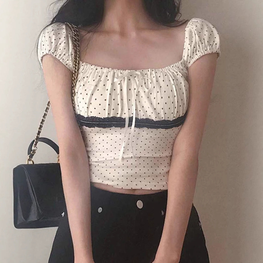 Women's Polka Dot Lace Stitching Tied Square Collar Short Sleeve Top