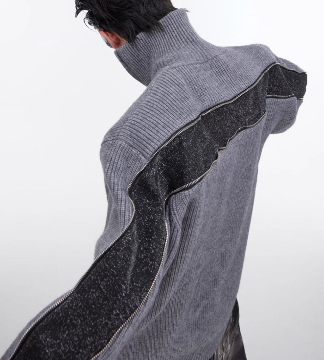 Metal Zipper Design Knitted Cardigan Sweater Belt Buckle Slicing Sweater Coat