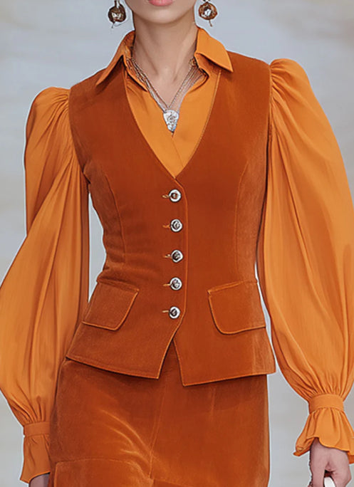Fashionable Retro Long-sleeved Chiffon Orange Velvet Shirt And Skirt Set