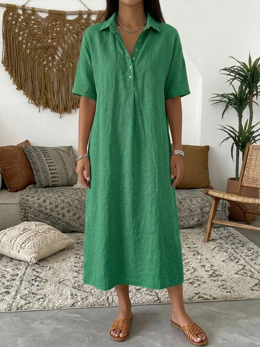 Straight-cut Comfortable Linen Short-sleeve Dress With A Polo Collar