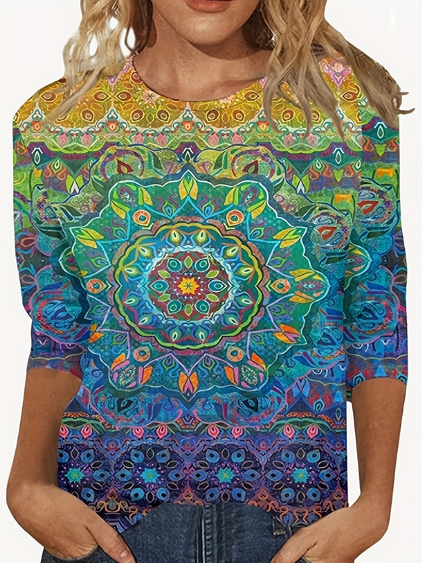 Europæisk og amerikansk blomsterprintet langærmet T-shirt med rund hals