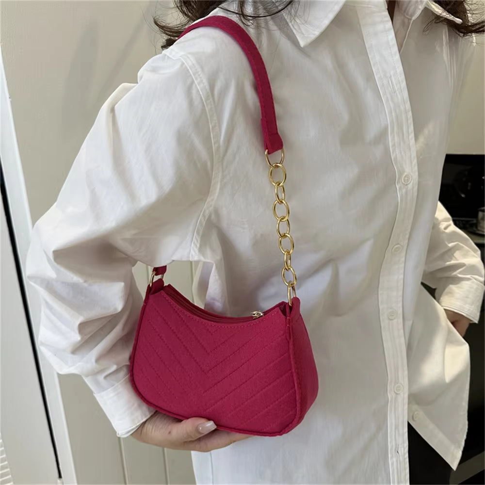 Women’s Retro Felt Underarm Bag - Solid Color Shoulder Bag, Casual Dumpling Crossbody Purse