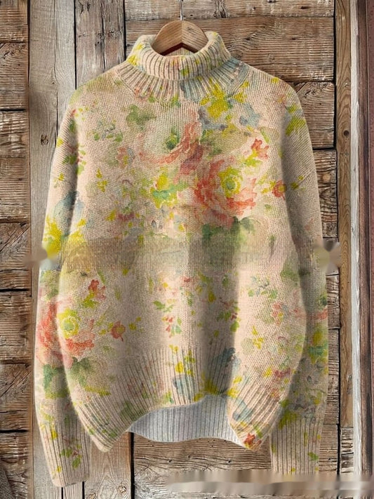 Printing Casual Cloak Turtleneck Pullover Women Abstract