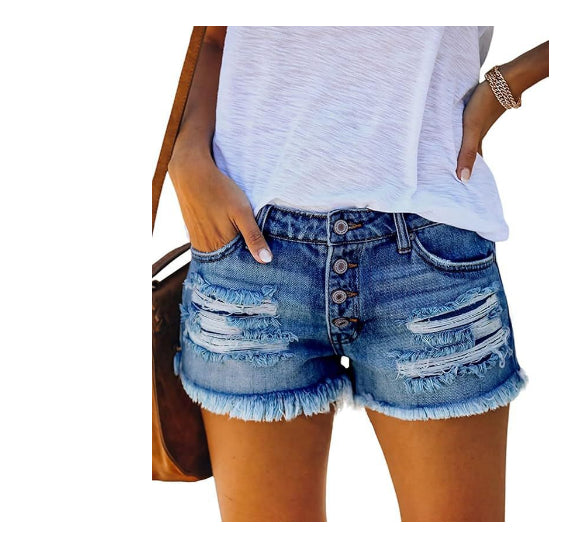Fringed Denim Shorts Straight Breasted Women's Hot Pants