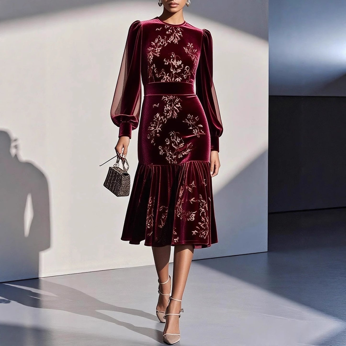 Womens Autumn Winter Caramel Velvet Mermaid Dress
