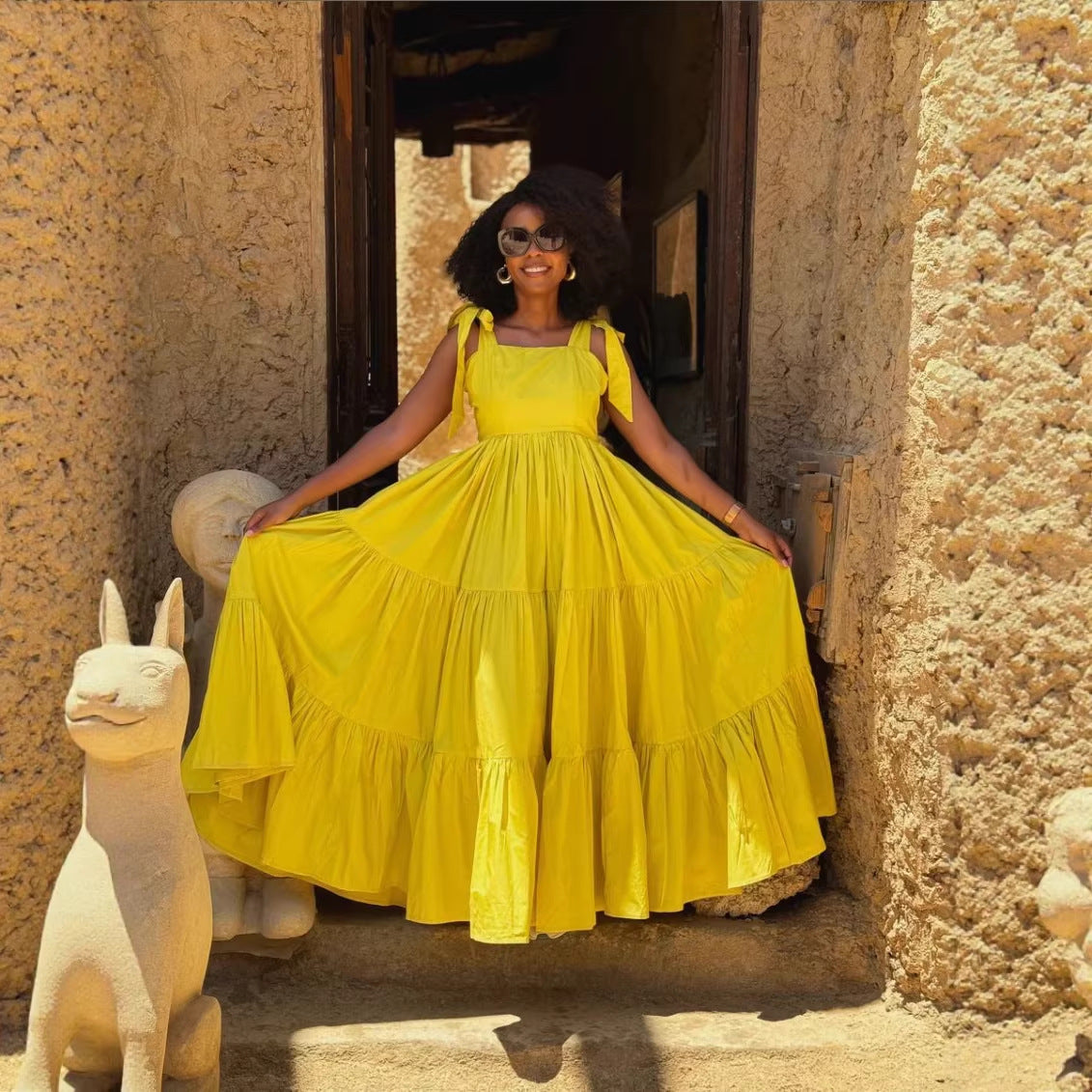 Fashionable And Sweet Bow-Tie Long Fit-and-Flare Slip Dress