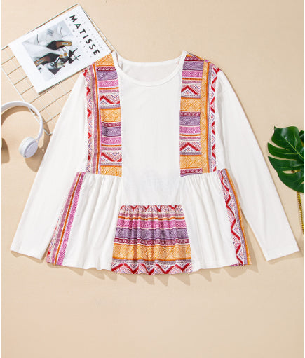 White Western Aztec Print Patchwork Ruffled Tunic Long Sleeve Babydoll Top