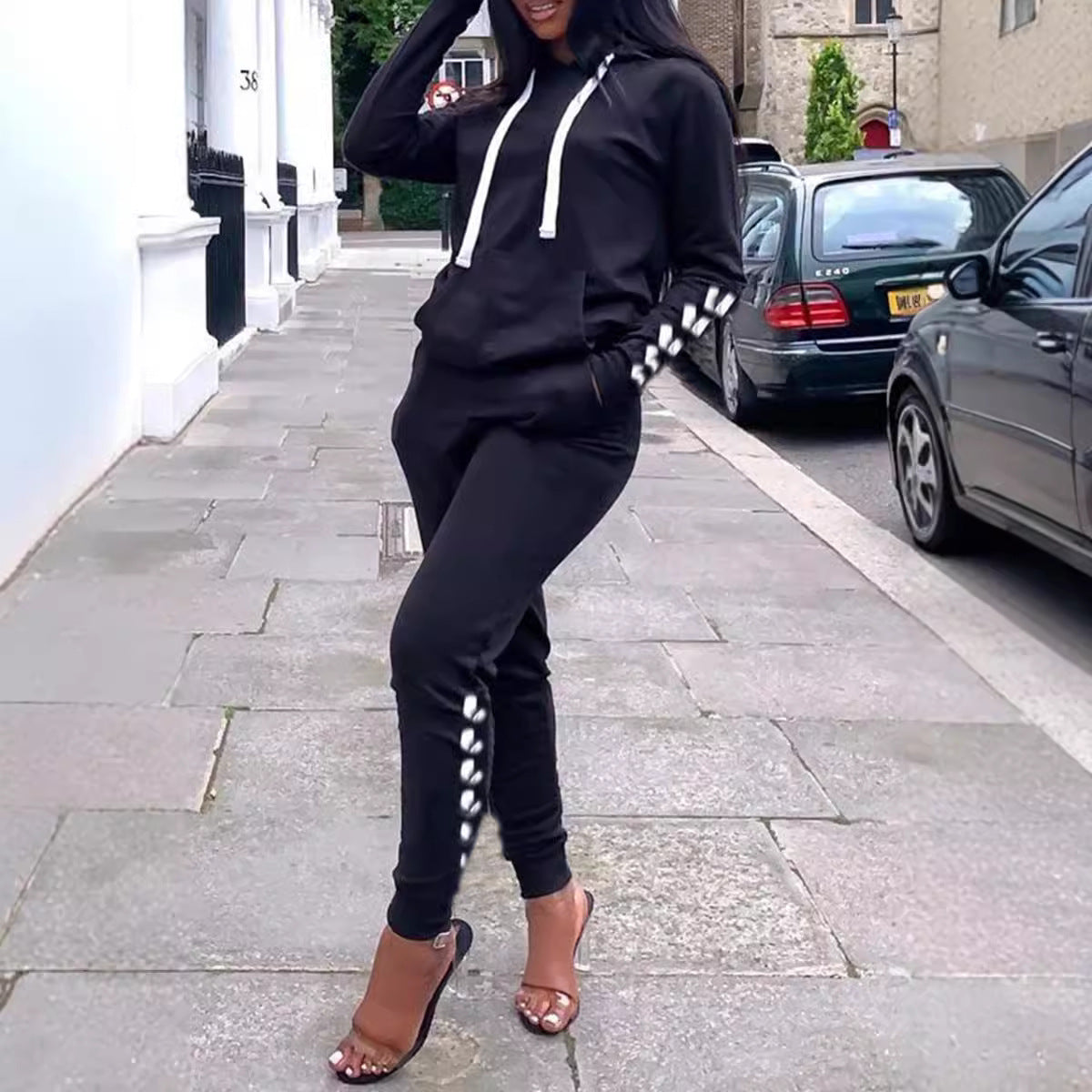 Womens New FallWinter Hooded Outerwear Set With Geometric Patchwork Design