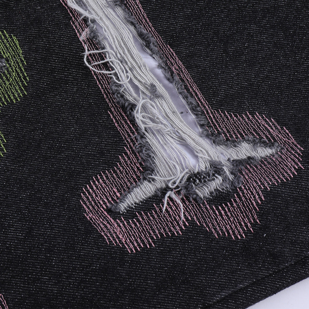 Color Contrast Ripped Embroidered Jeans American Style