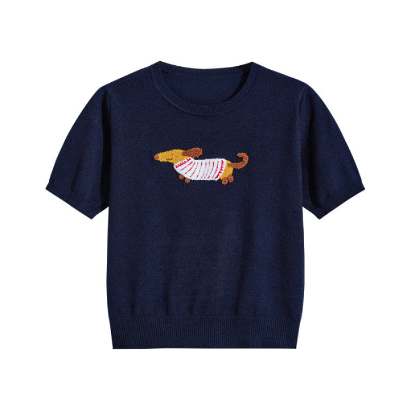 Cartoon Puppy Round Neck Knitted T-shirt Shory Style T-shirt