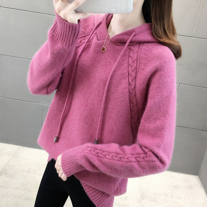 Women's Solid Color Loose Pullover Long Sleeve Hooded Knitted Sweater