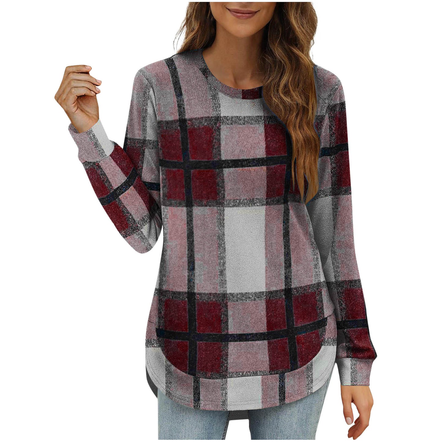 Women's Casual Loose Plaid Long Sleeve Round Neck Irregular Bottoming Shirt Top