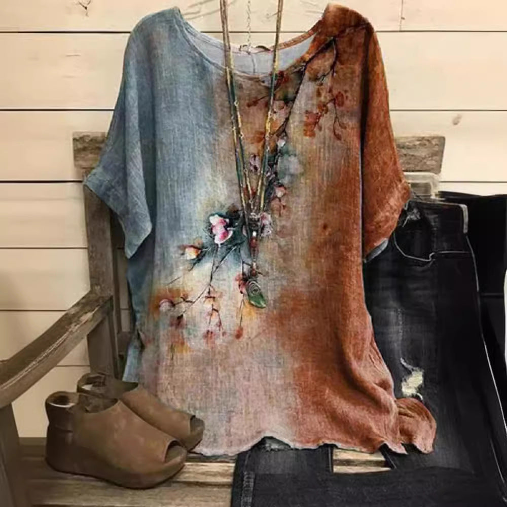 New Casual Loose Printed Crew Neck Top