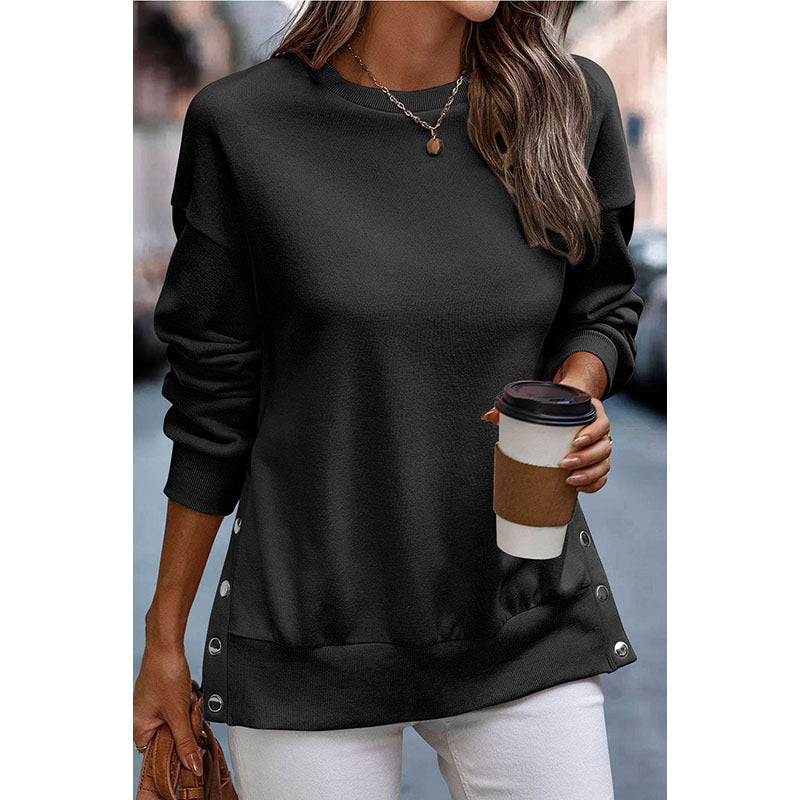Solid Color Pullover Women's European And American Leisure Style Slit Loose Flab Hiding Long Sleeve Bathroom