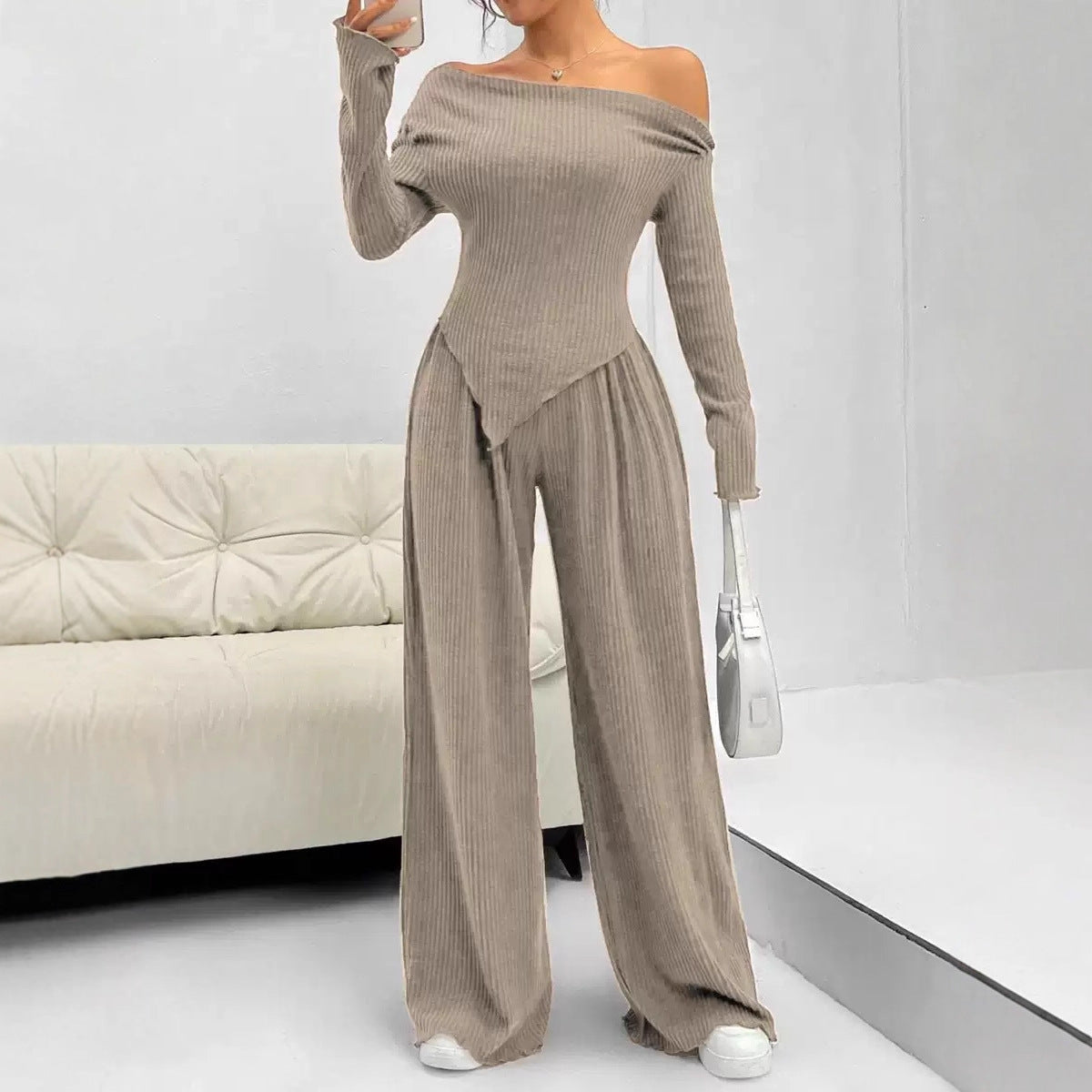 Solid-color Elegant Off-shoulder Sleeveless Shirt And Wide-leg Pants Set For Women