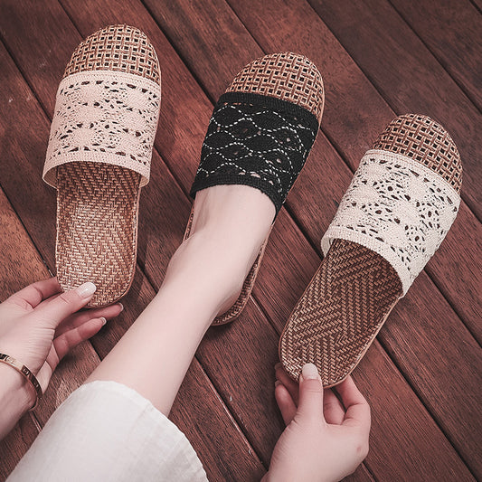 Women's Summer Rattan Grass Woven Sandals And Slippers Breathable Non-slip