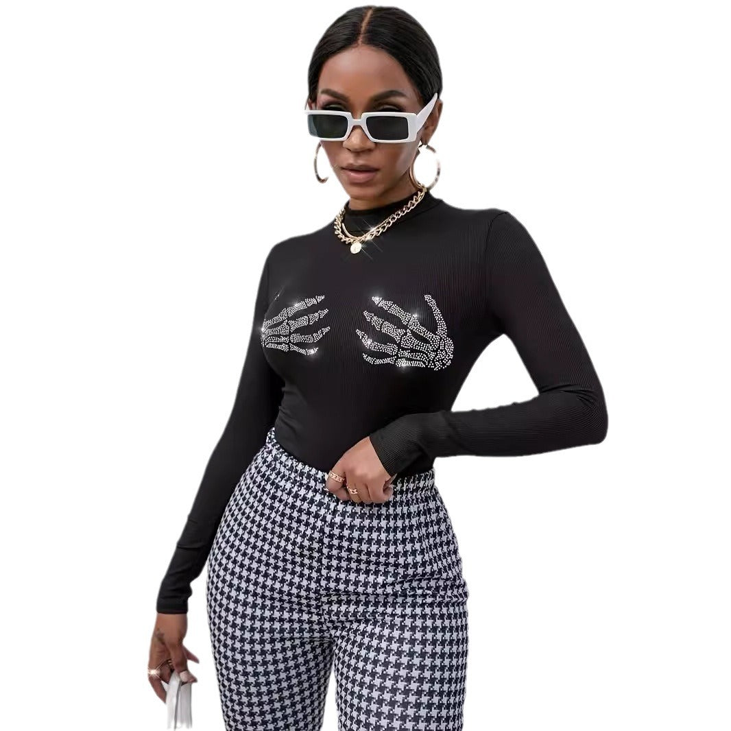 Rib Knitted Skull Rhinestone Top