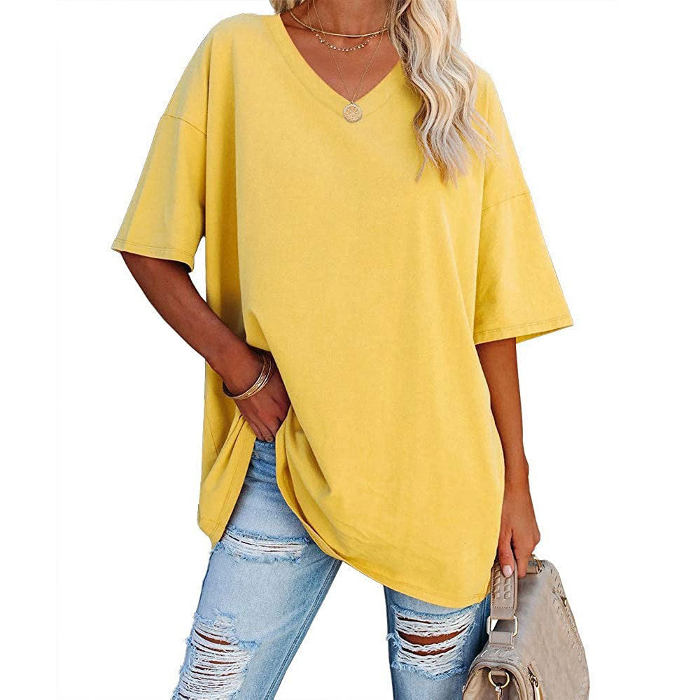 European And American Women's Loose Short-sleeved V-neck T-shirt