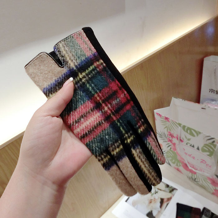 Color Plaid Wool Plus Velvet Thick Five-finger Gloves