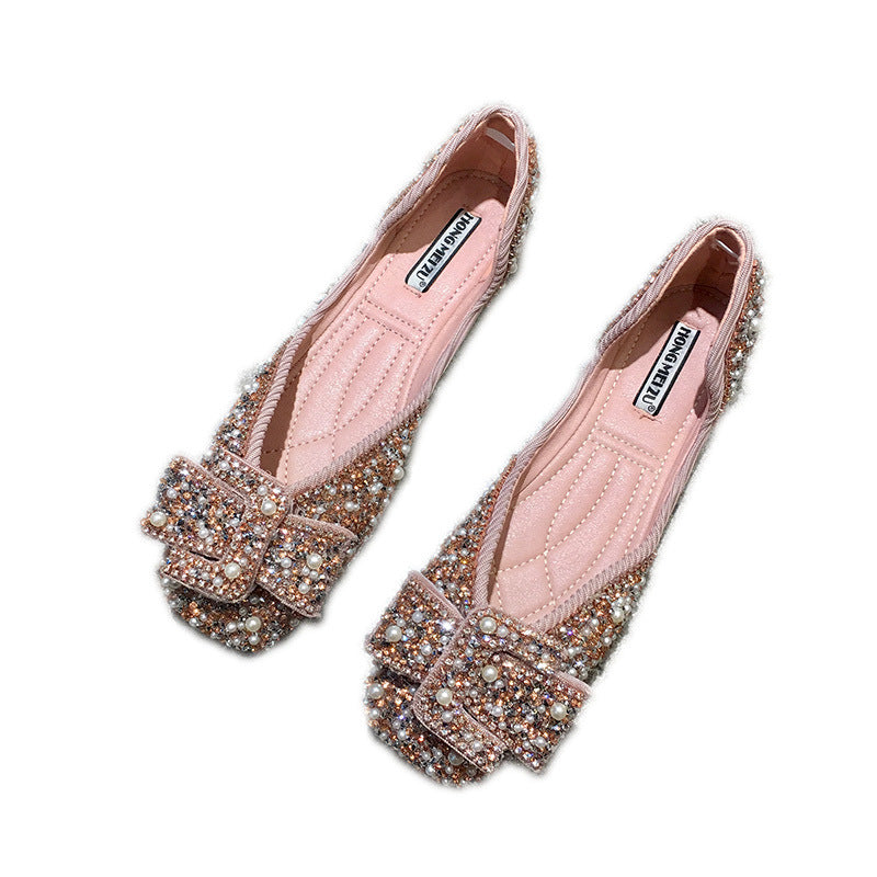 Pearl Rhinestone Shallow Mouth Square Toe Single  Flat Sole Women's Shoes