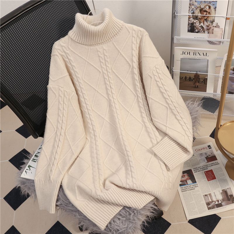 Turtleneck Pullover Diamond All-match Solid Color Loose Sweater