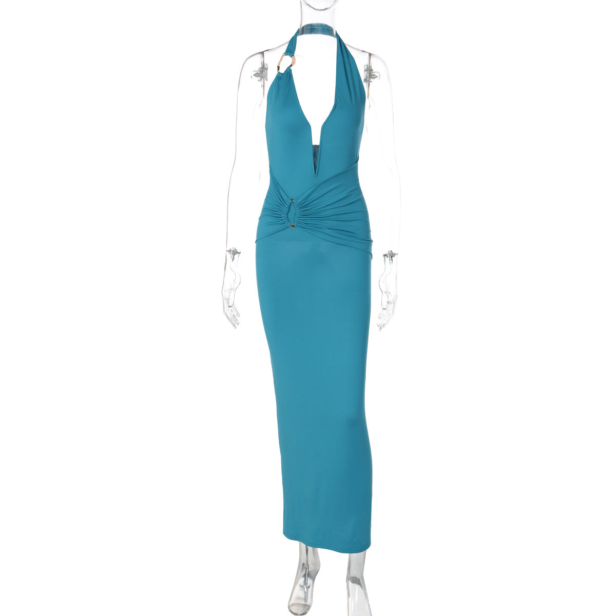 Womens V Neck Spliced Underwire Halter Bodycon Pleated Patchwork Maxi Dress