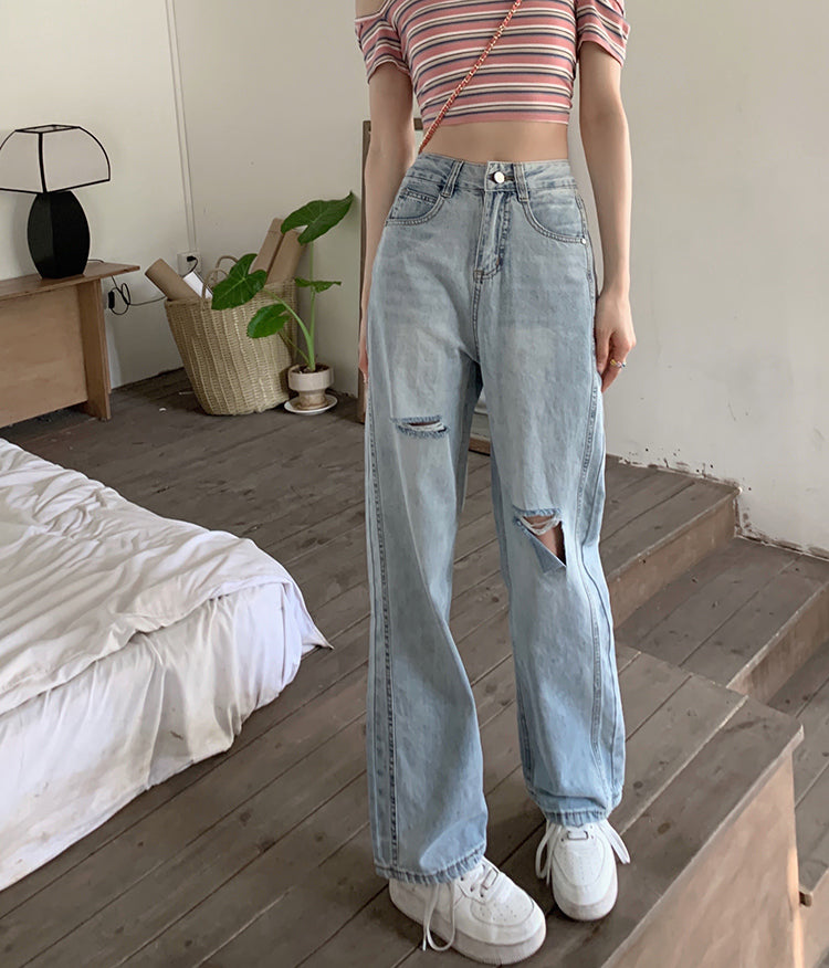 Ripped Jeans til kvinder, lyseblå, distressed, vintage, brede ben, bukser