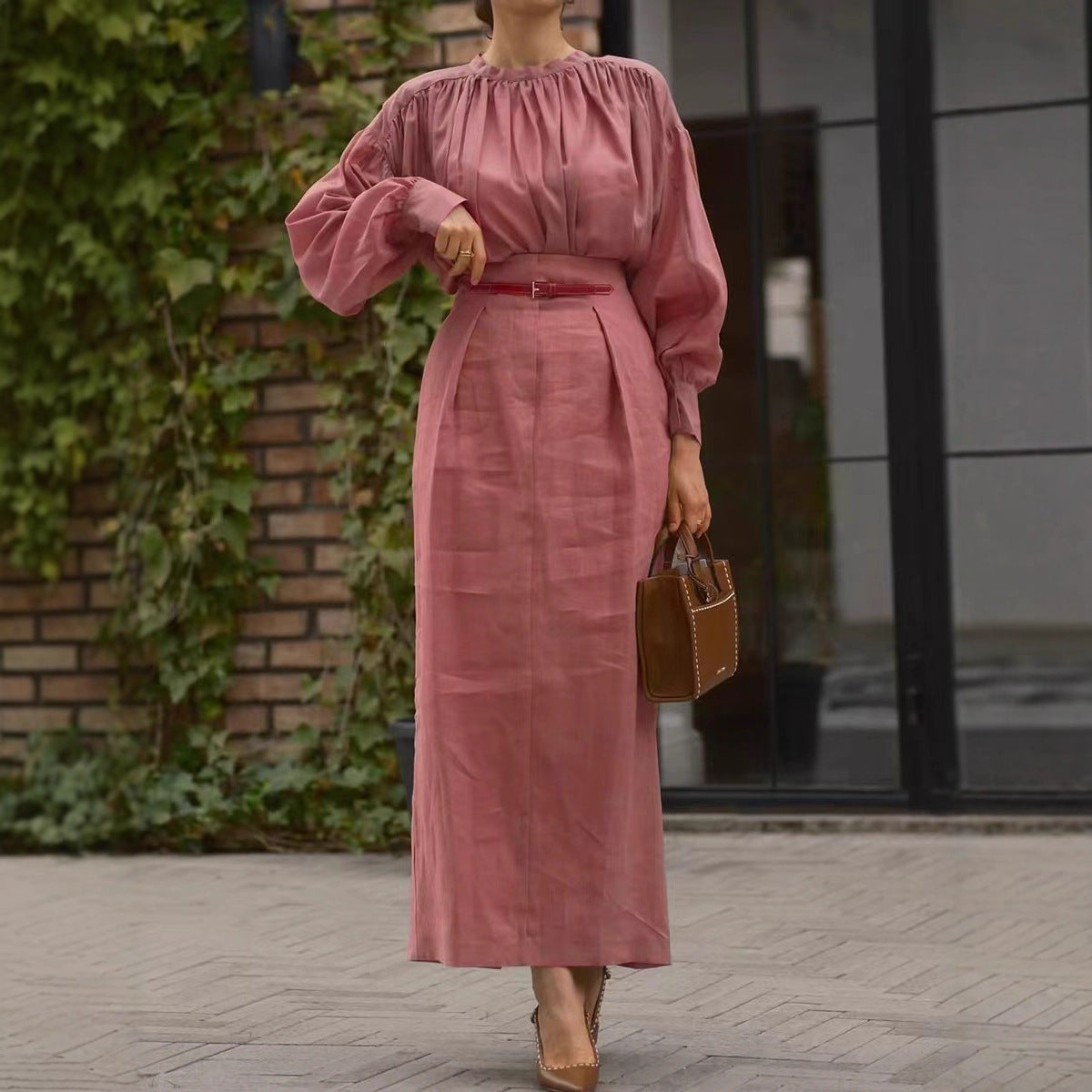 Elegant French-style Long-sleeve Solid-color Shirt For Independent Online Stores Long Skirt