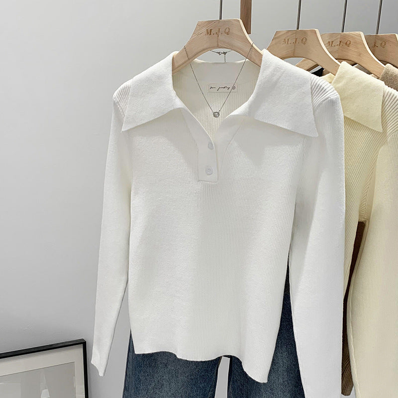 Polo Collar Button Base Long Sleeve Inner Wear Short Sweater Beautiful Top