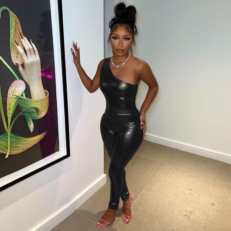 Shiny Faux Leather One Shoulder Top High Waist