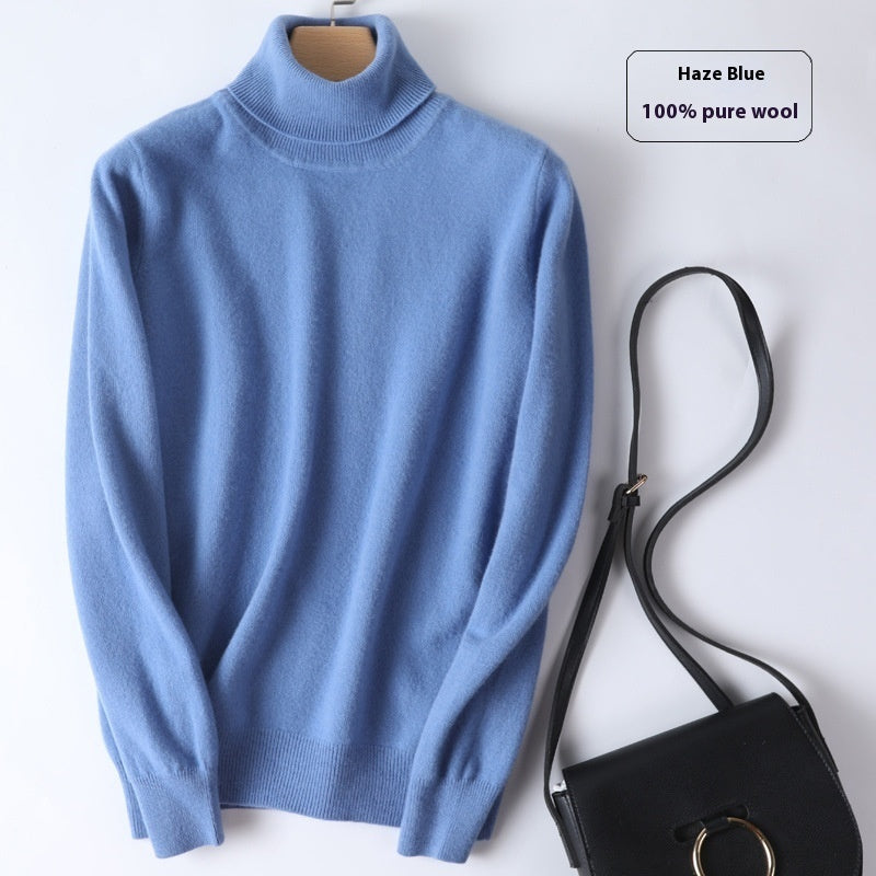 Pure Wool Sweater Women's Turtleneck Pullover Solid Color Loose Short