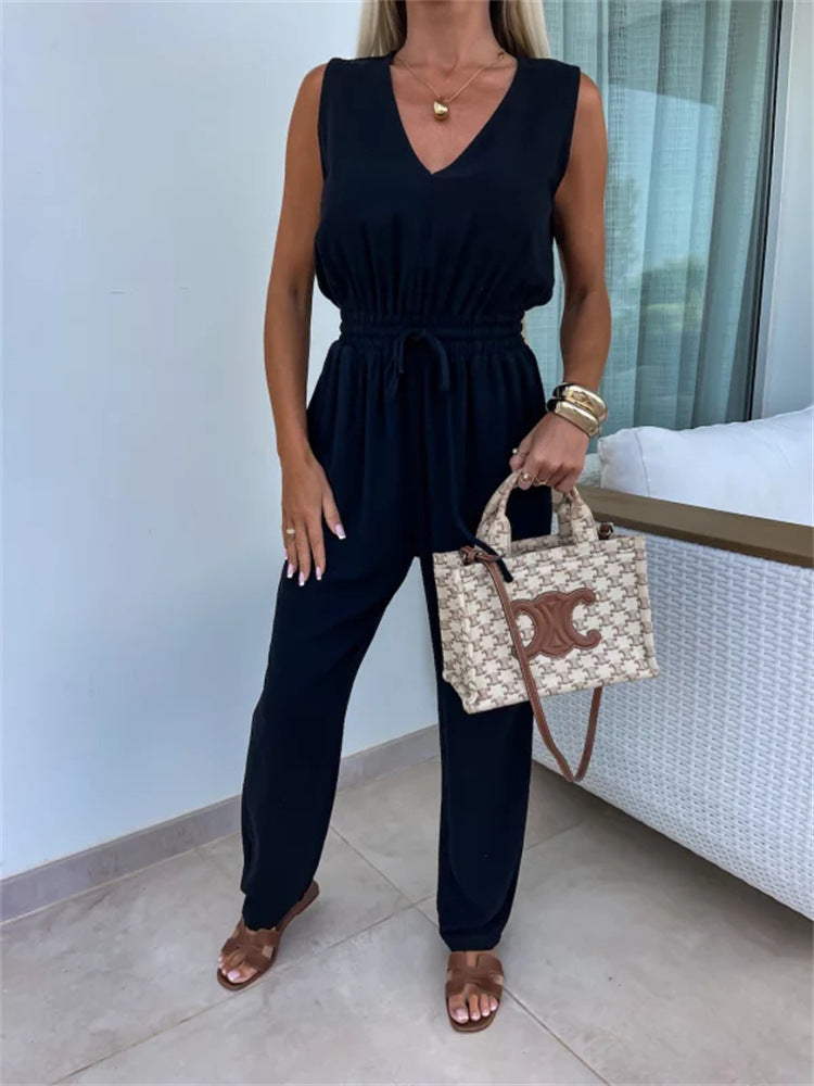 Womens Casua Elegant Solid-Color High-Waisted Sleeveless Jumpsuit