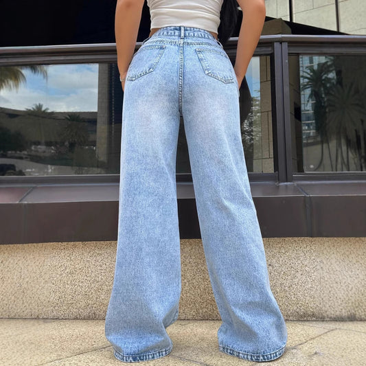 Ripped washed jeans med løs, lige pasform og brede ben