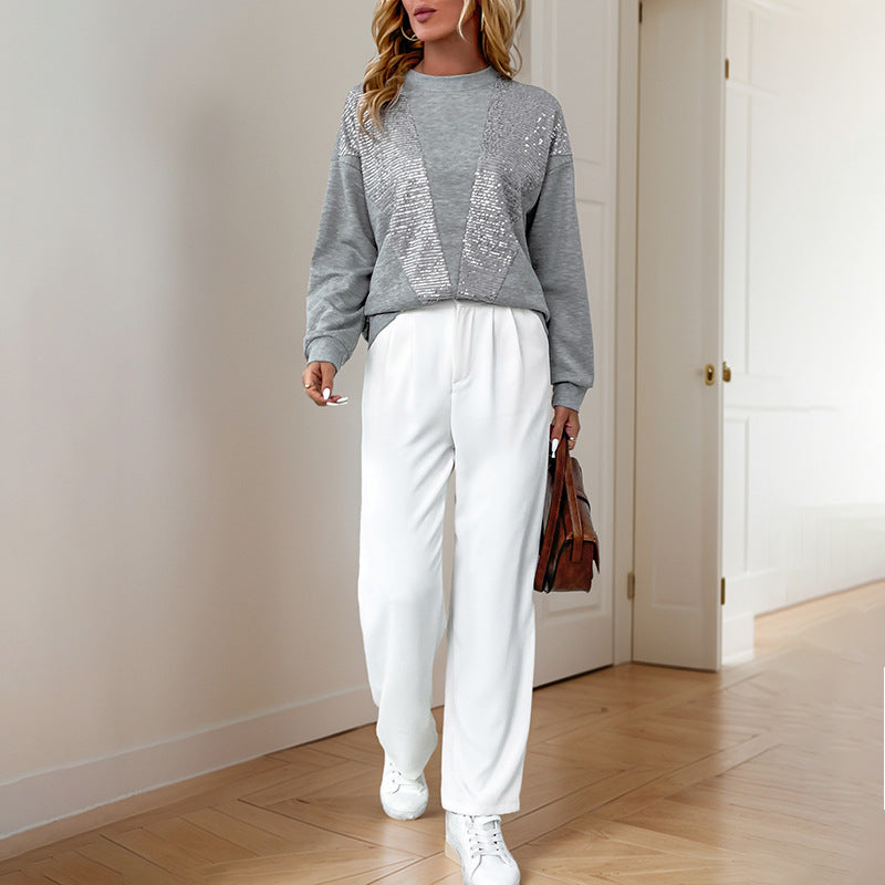 Loose Round Neck Spliced Sequin Sweatshirt For Women