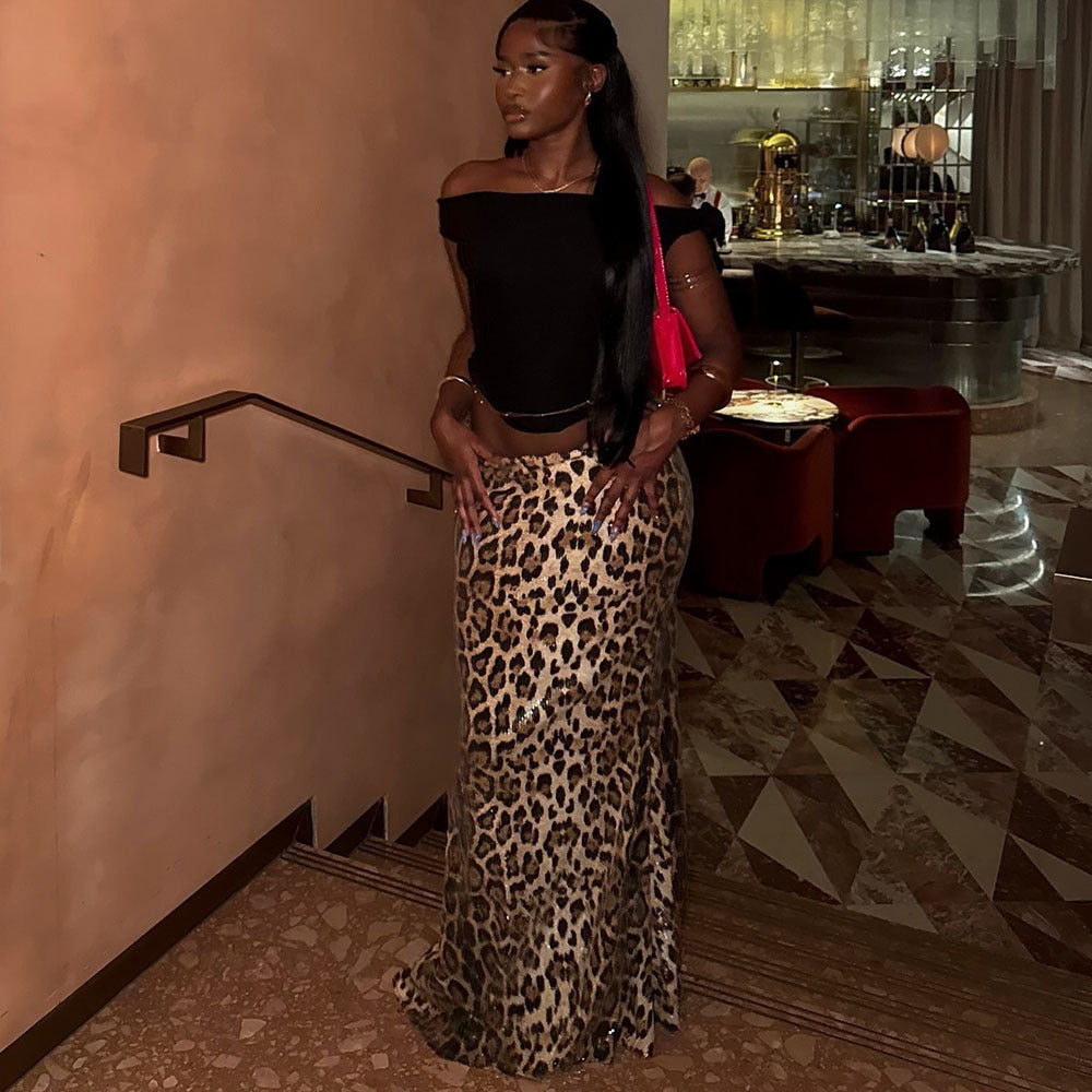 Leopard Print Sequin Stitching Stretch Skirt