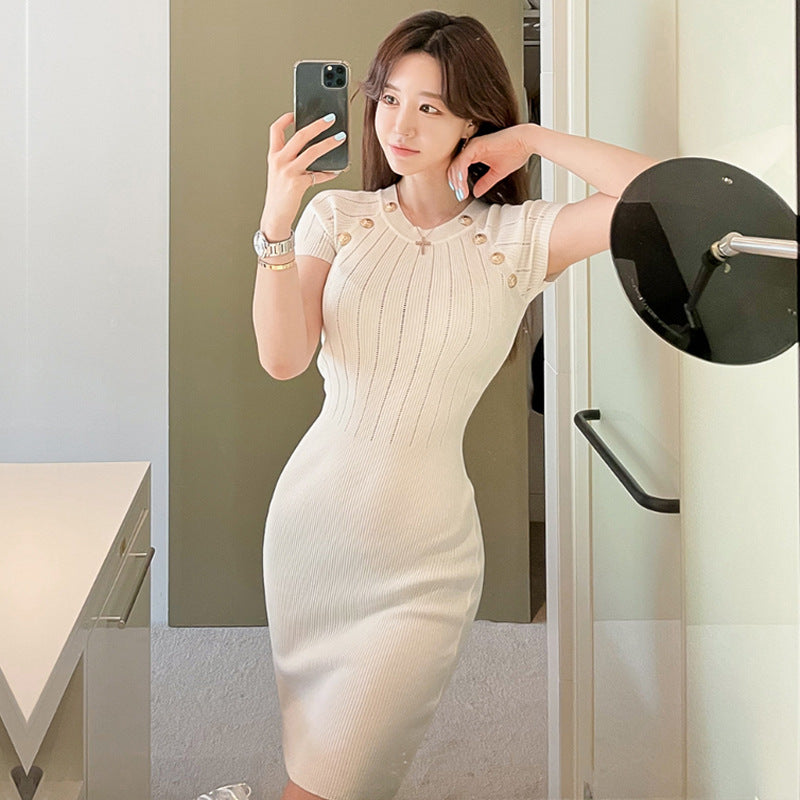 Korean-style Womens Hollow-out Short-sleeve Sweater Dress