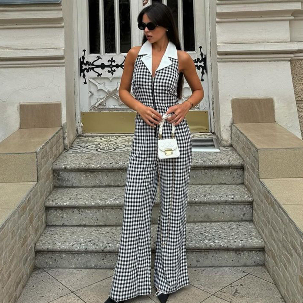 Sexy Backless Blouse Collar Zipper Plaid Jumpsuit