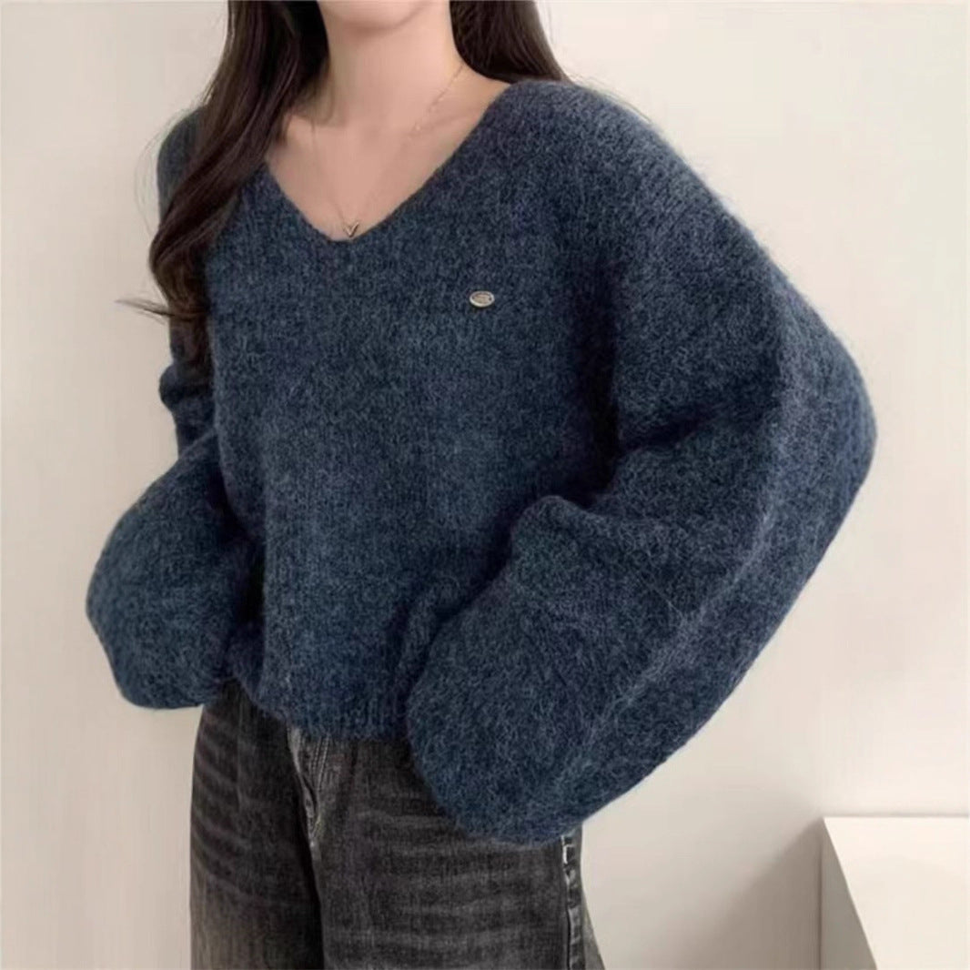 Loose V-neck Fluffy Versatile Casual Minimalist Knit Top