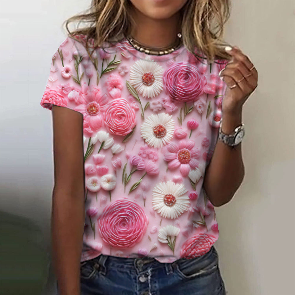 Floral Print Women's T-shirt Short Sleeve Casual Round Neck T-shirt Summer Ladies