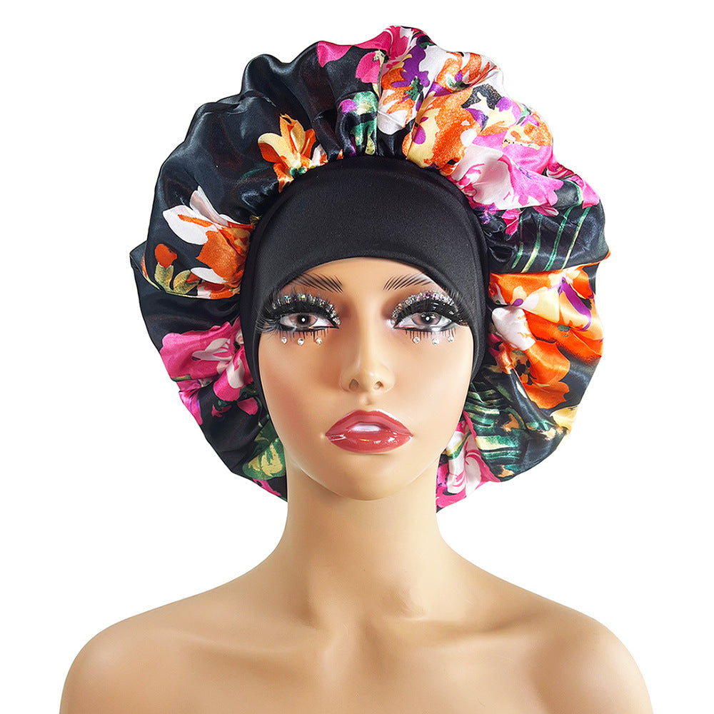 Wide-brimmed Satin Nightcap Printed Round Cap Cross-border New Arrival Printed Home Hat Soft Shower Cap Plus-sized
