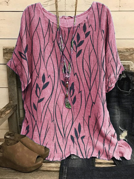 Women's Round Neck Printed Loose Cotton Linen T-shirt Top