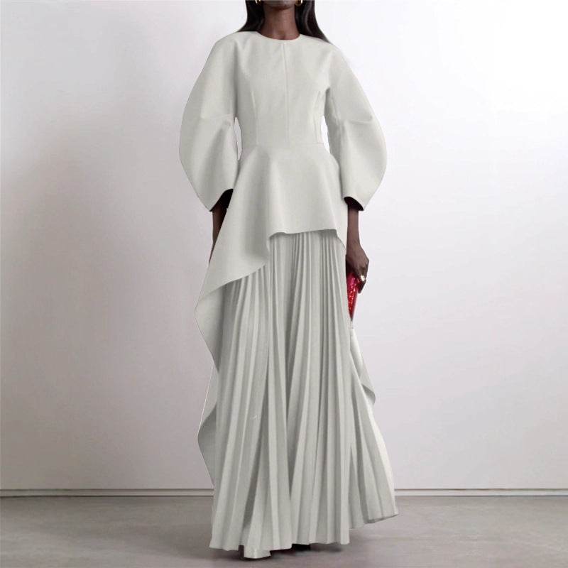 Pleated Solid-color Patchwork Layered Long-sleeve Loose Crew-neck Maxi Dress