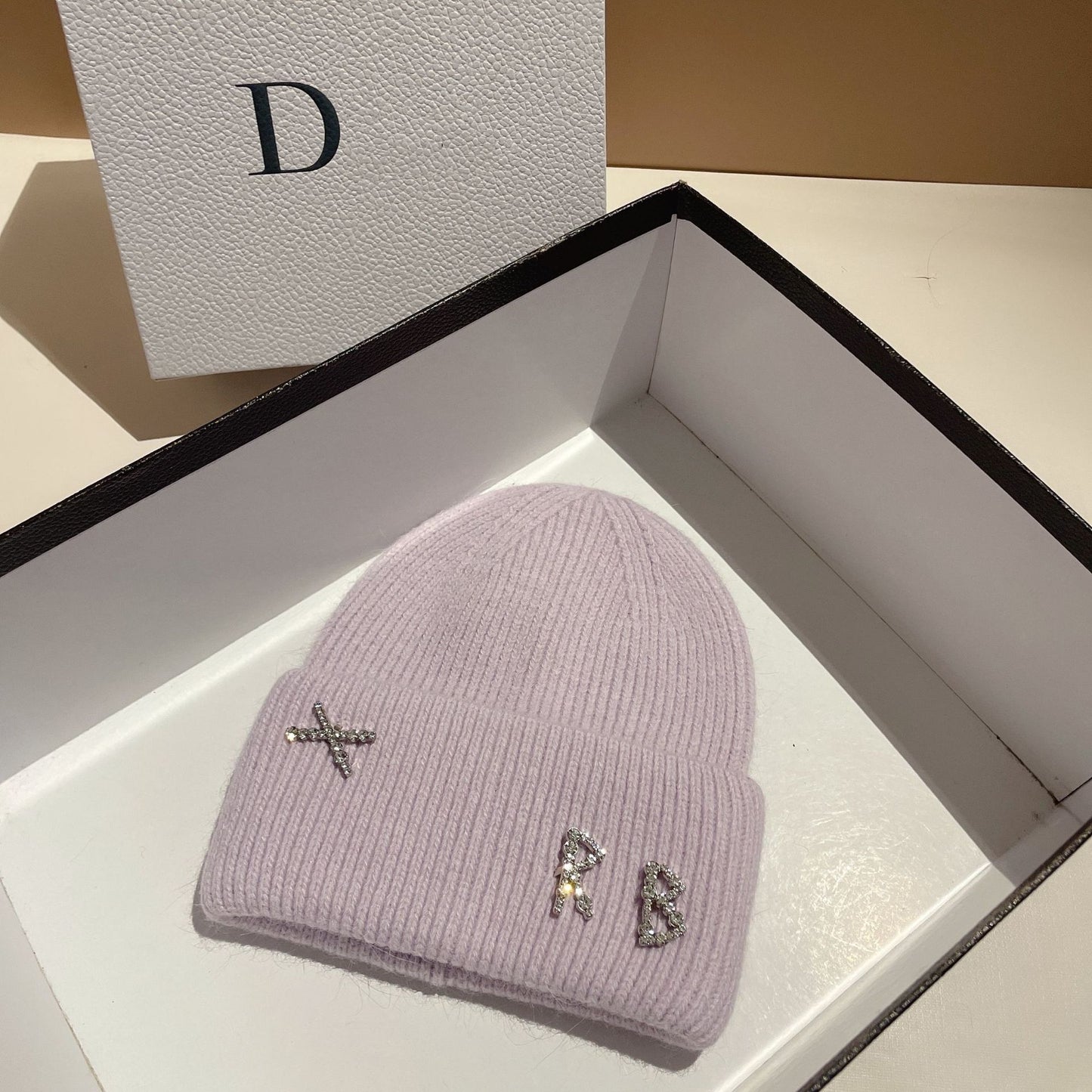 Winter RB Letter Fashion Rabbit Fur Knitted Warm Hat Female