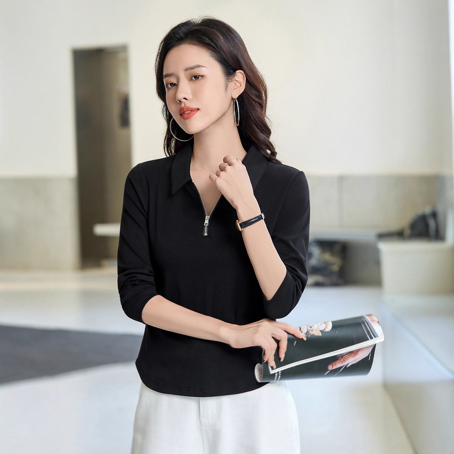 Womens Fashion Minimalist Slim-Fit Half-Zip T-Shirt