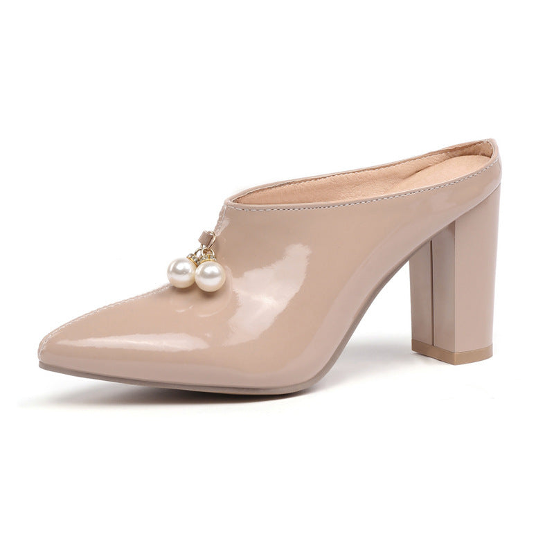 Pearl Pointed Toe Sandals Slip-ons Toe Toe Block Heel Women's Shoes