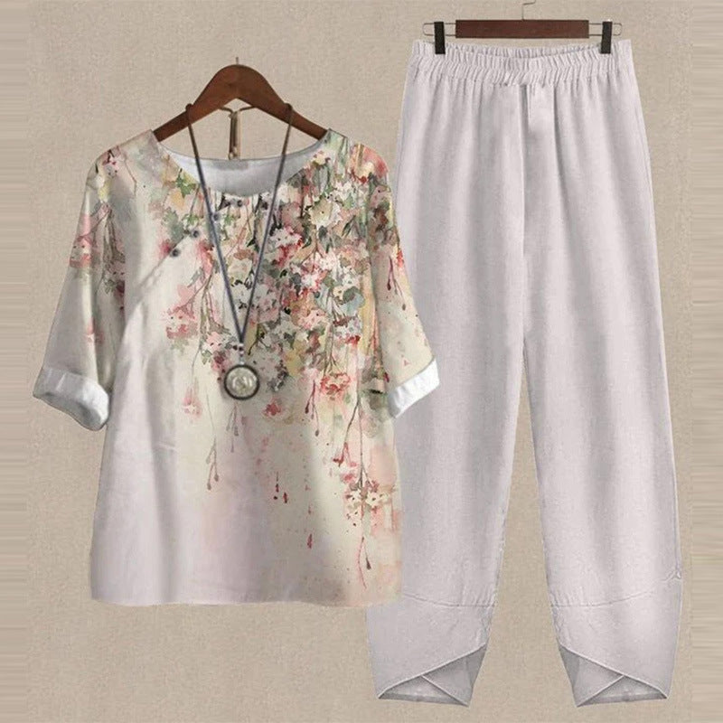 Women's Five-quarter Sleeve Printed Top Two-piece Pants
