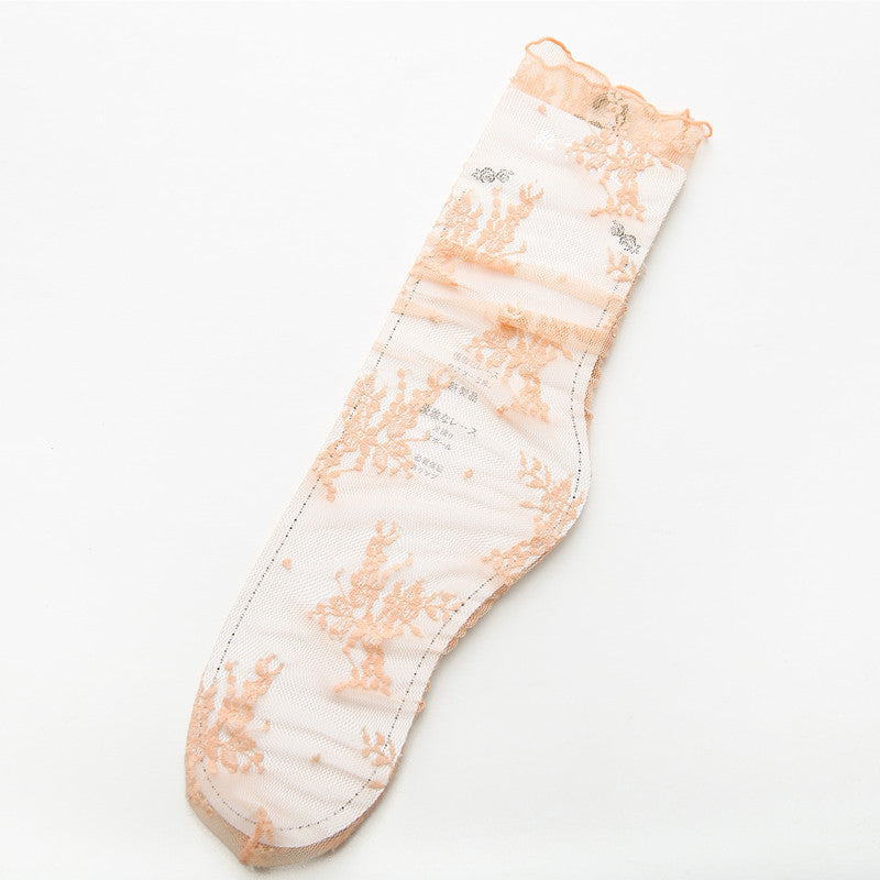 Spring And Summer New Women's Socks Sweet Japanese Solid Color Big Flower Hollow Stockings