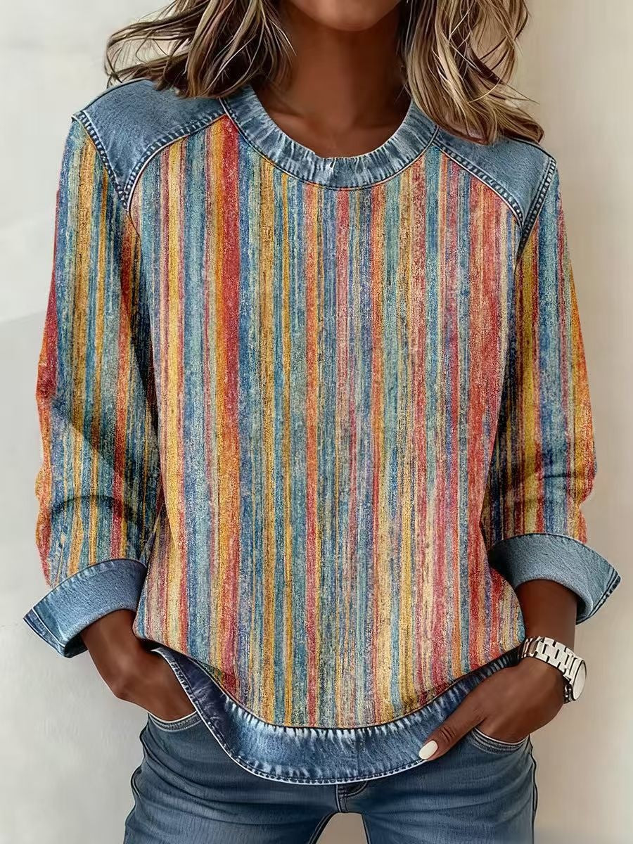 Denim Patchwork Sweatshirt Fashion Unique Crewneck Pullover Long-sleeved Shirt Top Women's Clothing