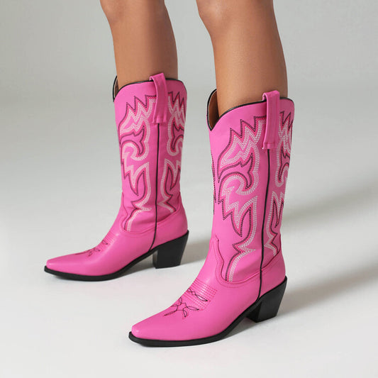 Ancient Chunky Heel Knight Boots Women's Fashionable All-match Embroidered High Boots Women's Shoes