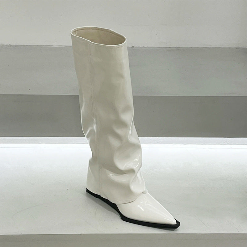 Wedge Pants Boots High Leg Pointed Toe Black Patent Leather Fried Street